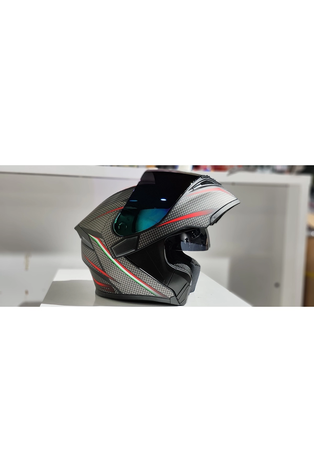 resimler/genel/JK902 GÜNEÅ VİZÖRLÜ ÇENE PEDLİ ÇENE AÇILIR KARBON DESEN KASK(AYNALI CAMLI)